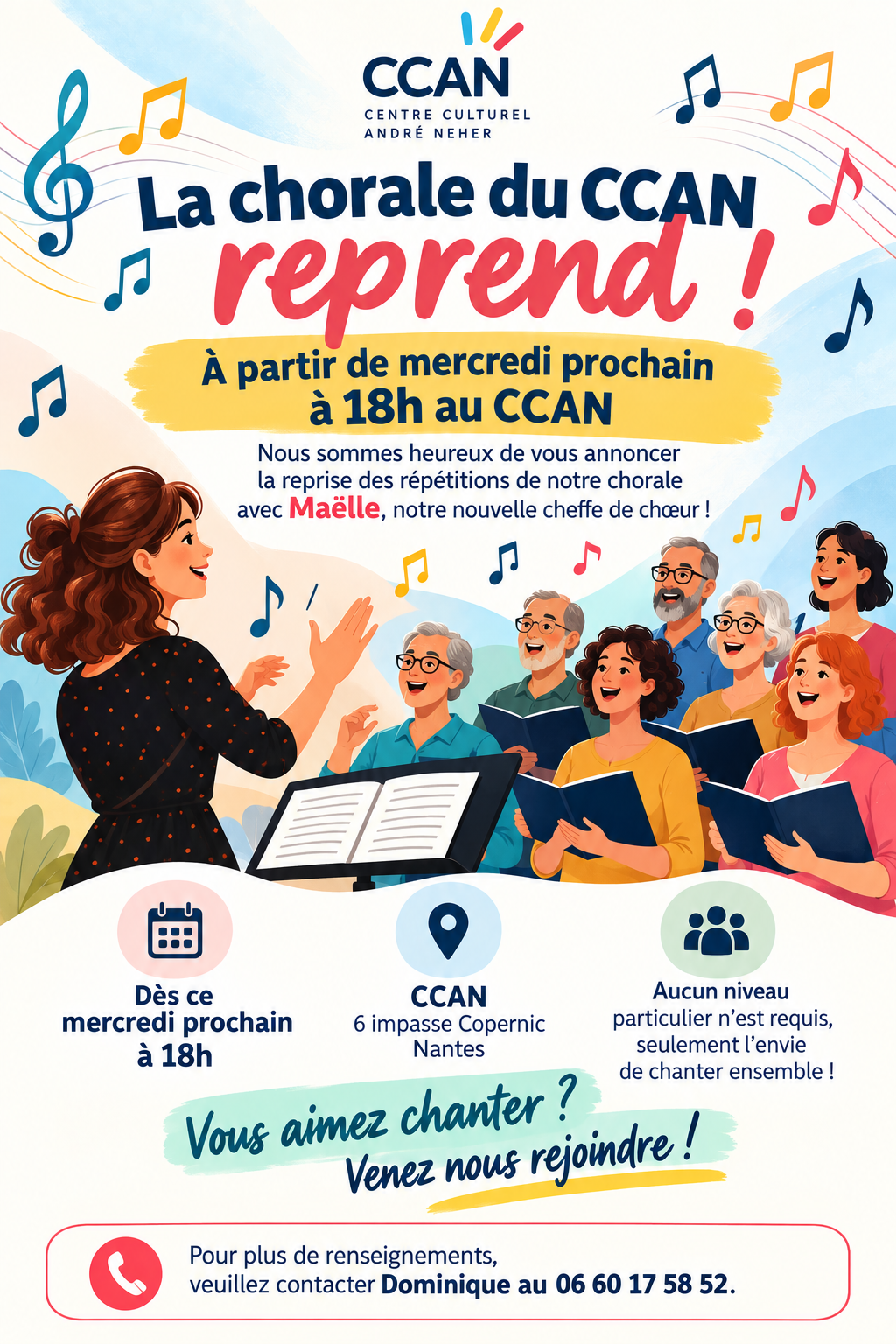 Affiche annonçant la reprise de la chorale Renanim du CCAN avec Maëlle